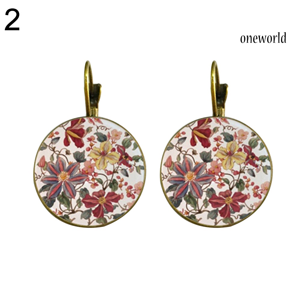 OW@ Vintage Flower Printed Round Pendant Women Leverback Earrings Party Jewelry