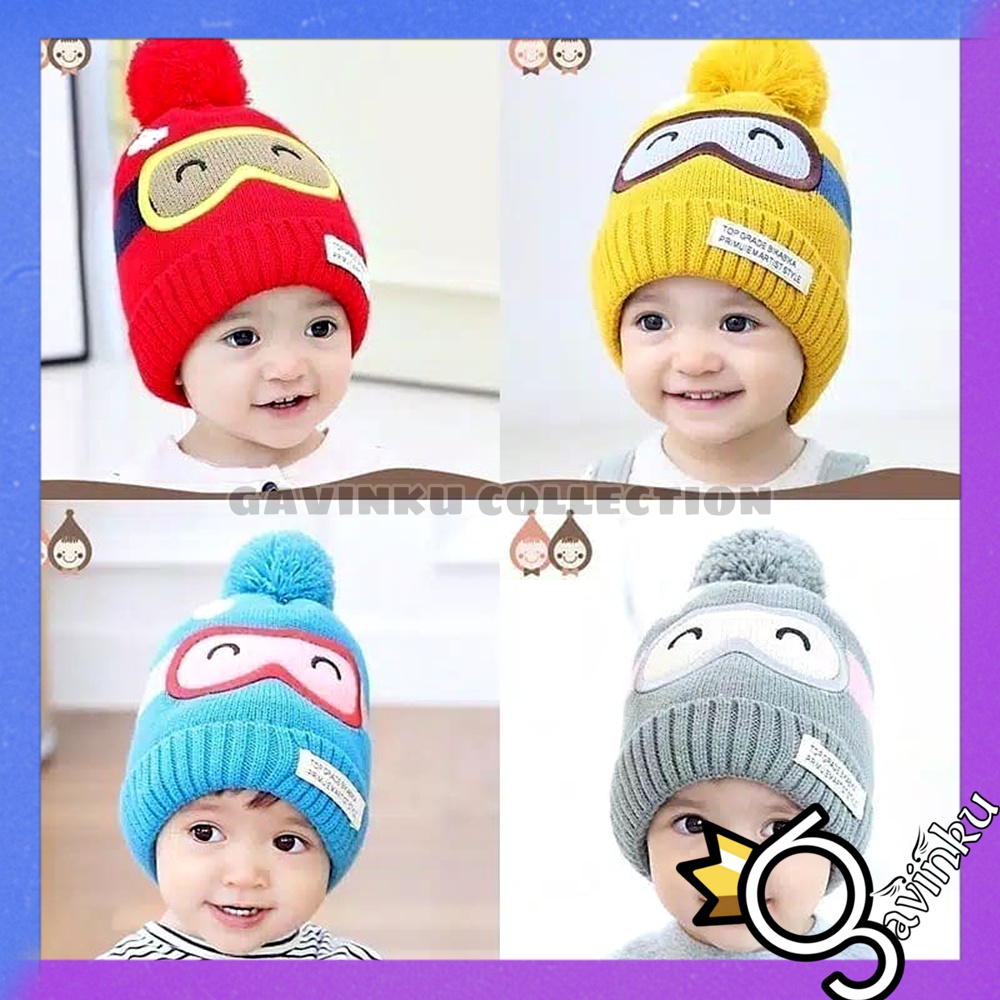 Topi Kupluk Bayi Anak Laki Laki Perempuan Model Kacamata Selam Jambul Pompom Usia 0 3 6 bulan umur 1 2 Tahun thn Cowok Cewek Cowo Cewe Murah Lucu