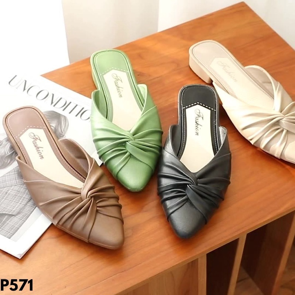 SANDAL FLAT MULES SELOP WANITA IMPORT KULIT CANTIK NYAMAN ELEGAN KASUAL FORMAL NONFORMAL MANIS P571