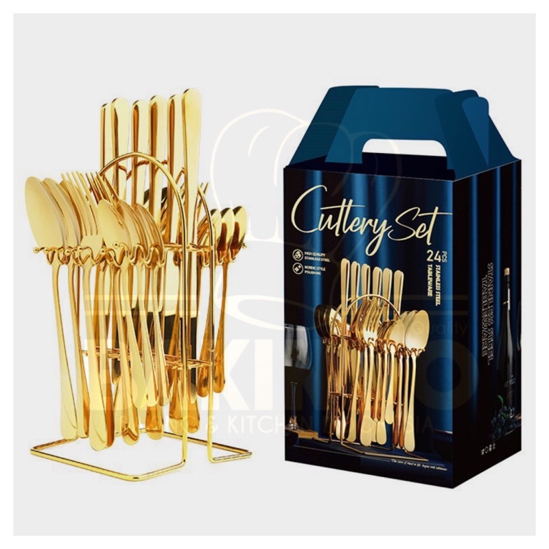 Kingsbakeware SENDOK STAINLESS GOLD SILVER ELEGAN / 6 SET ISI 24 PCS LENGKAP DENGAN RAK STAINLESS