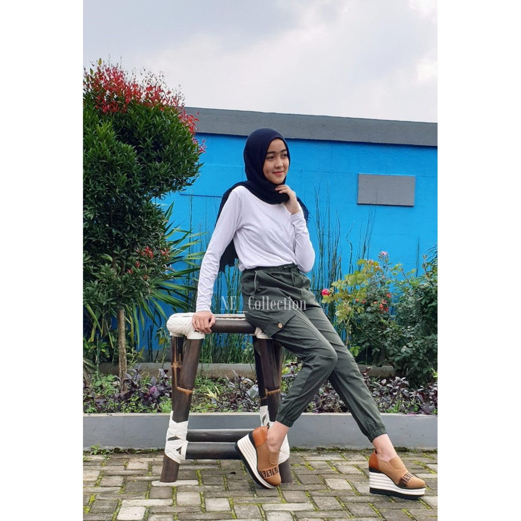 Celana Jogger Pants Wanita Karet Bawah Celana Panjang Slim Fit Wanita Warna Hijau Army