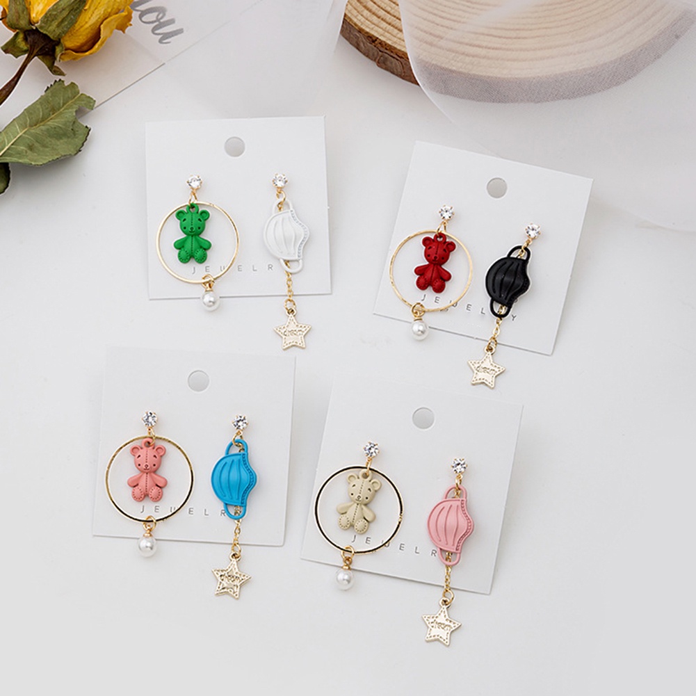 Hu Hu Hu Hu Hu Alat Bantu Pasang Kacamata♡ Anting Tusuk Gantung Wanita Asimetris Desain Beruang + Bintang + Mutiara Imitasi Untuk Hadiah