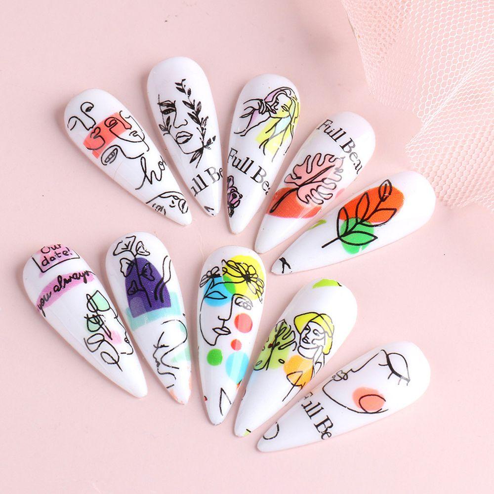 Agustina Nail Art Transfer Paper Wanita 10Pcs/set Manicure Aksesoris Abstrak Garis Wajah Daun Kuku Decals