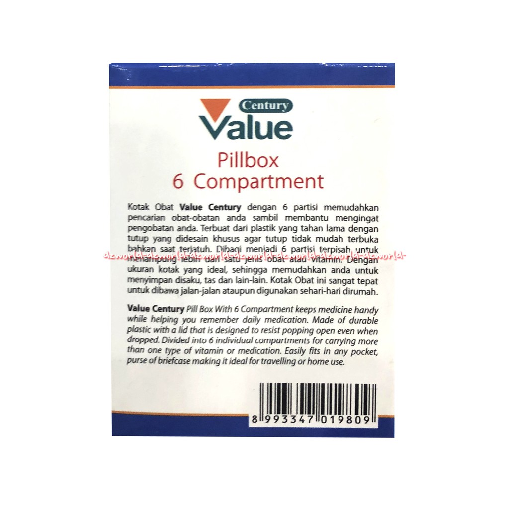 Century Value Pillbox 6 Compartement Kotak Box Pill 6 Sekat Kompartemen Obat