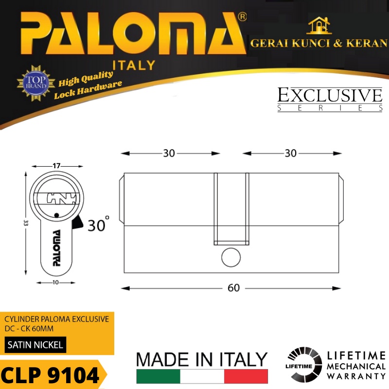 PALOMA CLP 9104 CYLINDER ITALY 60 MM EXCLUSIVE KUNCI PINTU BRASS SATIN NICKEL