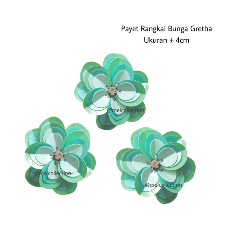 payet rangkai bunga sequin 3D APB Gretha 4cm green minty hijau mint kebaya gaun