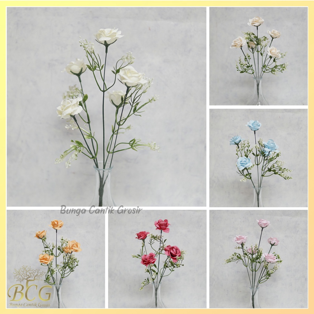 Bunga Mawar Mini Kombinasi Daun Putih X5 (Lusinan) Bunga Rose Hias Mawar Dekorasi Bunga Artificial