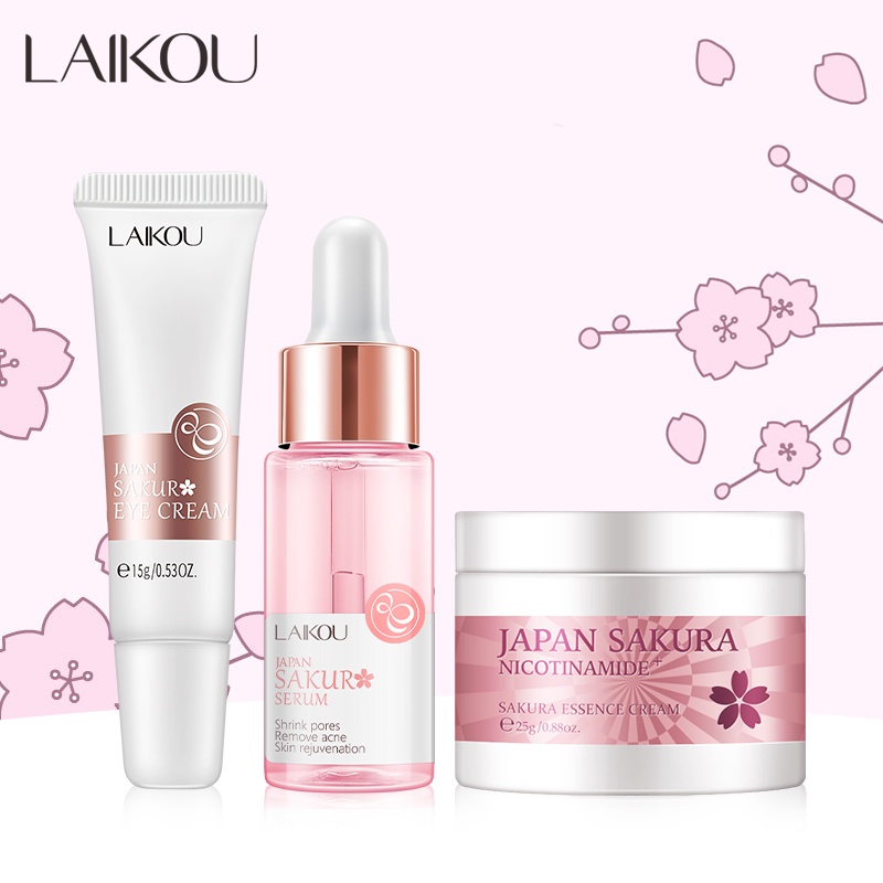 LAIKOU Sakura Serum Pemutih Peremajaan Pelembab Krim Mata Menghilangkan Kerutan 3 Pcs