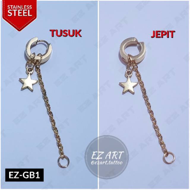 1Pc Model EZ-GB Gold Emas Anting Pria dan Wanita Jepit Tusuk Variasi Bandul Bintang Star + Rantai