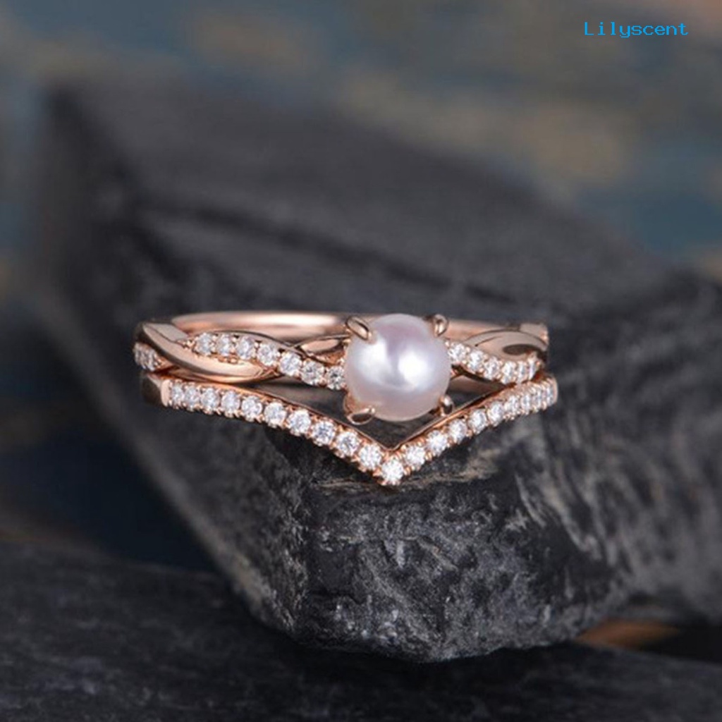 2pcs Cincin Jari Bentuk Twisted Aksen Mutiara Tiruan Untuk Wanita