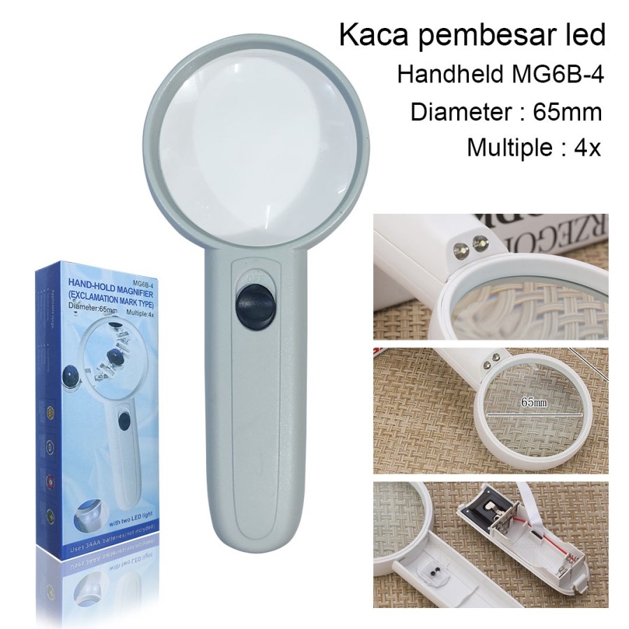 Kaca Pembesar 4x Pembesaran MG6B-4 Magnifying Glass 2 LED MG6B4