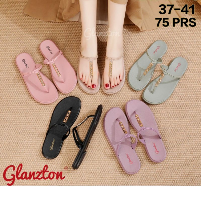 L1912-18 Sandal Glanzton Tali Kabel Chrome Terbaru Wanita Jepit Karet Sendal Flat Japit Jelly Cewek Impor Perempuan L1913-13 L1912 L1913 1912 1913 Import