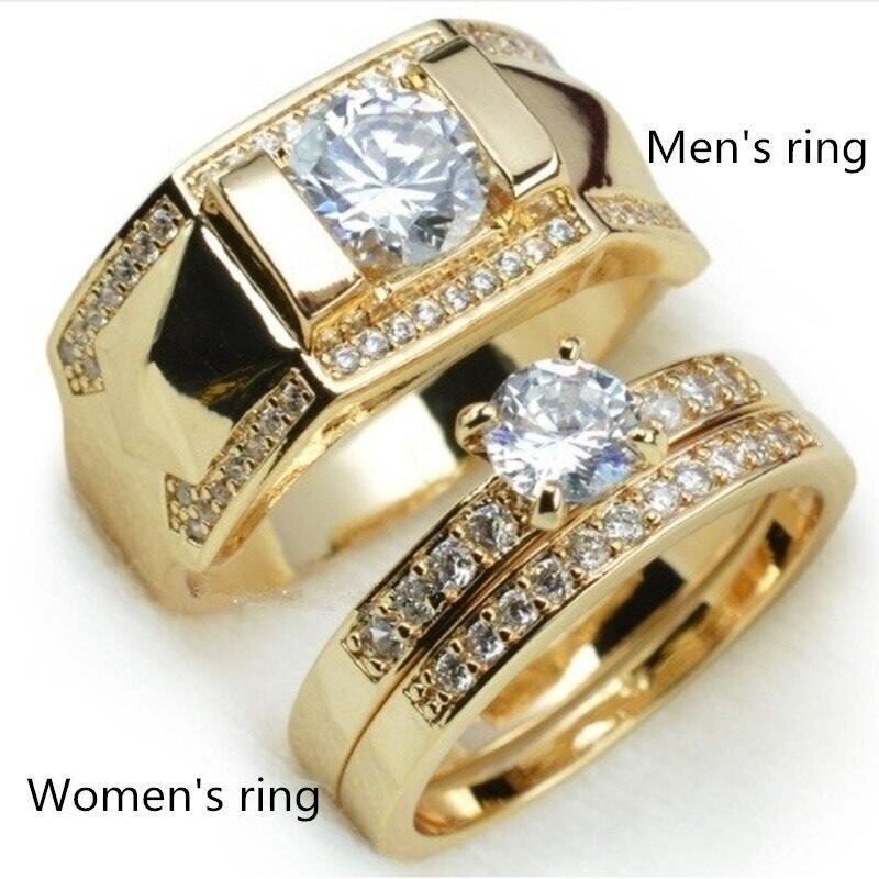 Set Cincin Zircon Berlian 18K Gold Ukuran 7-14 - 5-12 Untuk Pria Dan Wanita