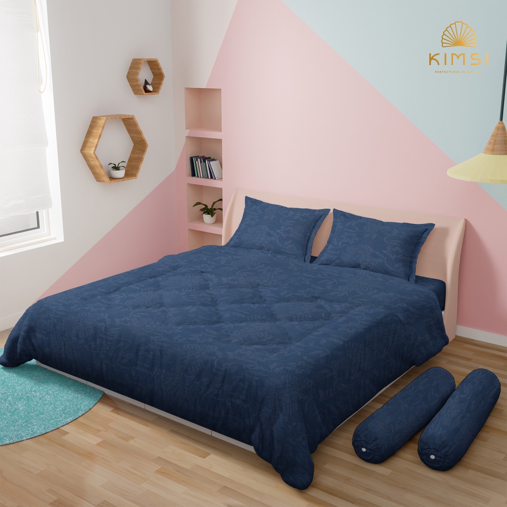 KIMSI SPREI + BEDCOVER SET 180x200x30 PREMIUM EMBOSSED ANTI LUNTUR ANTI BULU NAVY