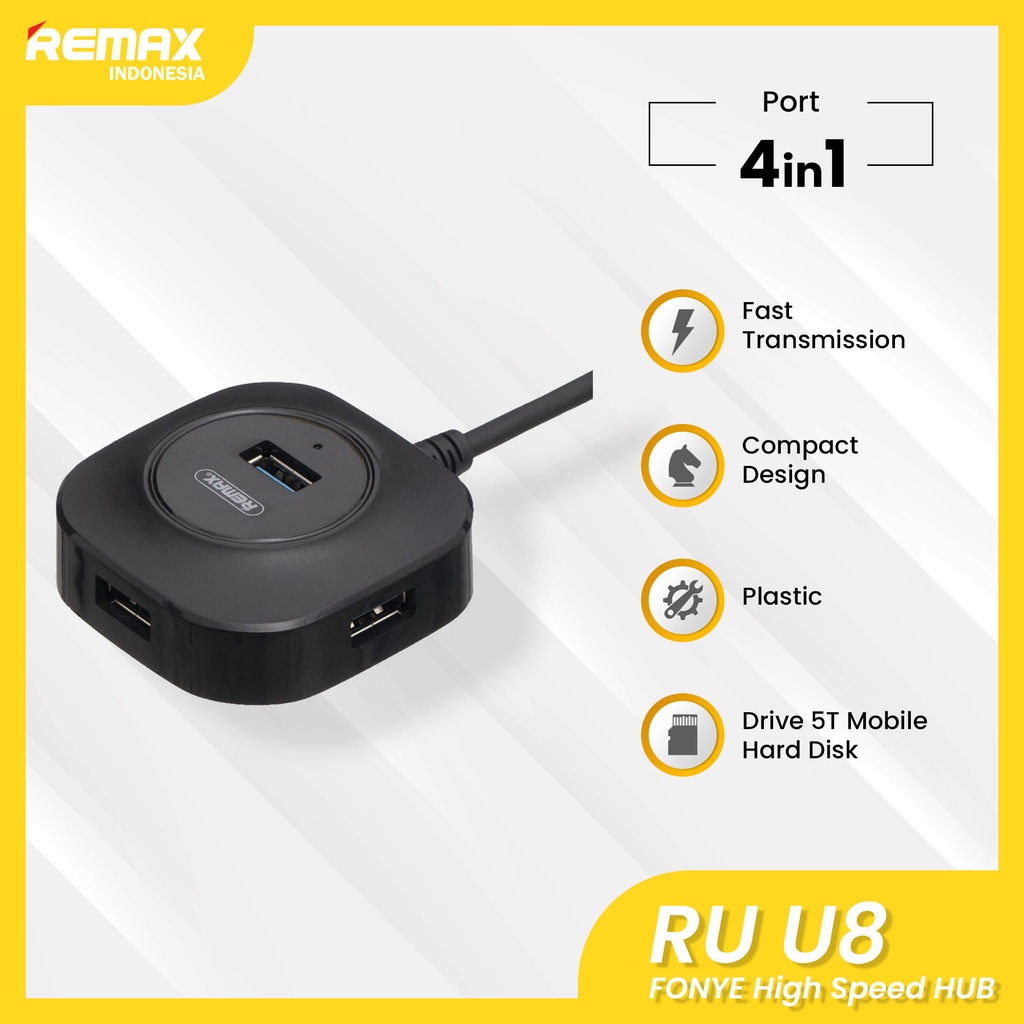 Remax High Speed USB 3.0 HUB Fonye RU-U8 Series - Hitam