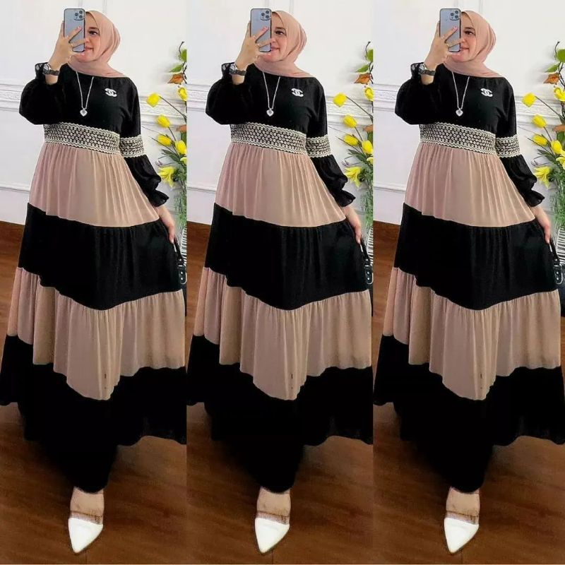 syeira Dress Bahan Ceruty Babydoll Aplikasi Renda Gamis Pesta