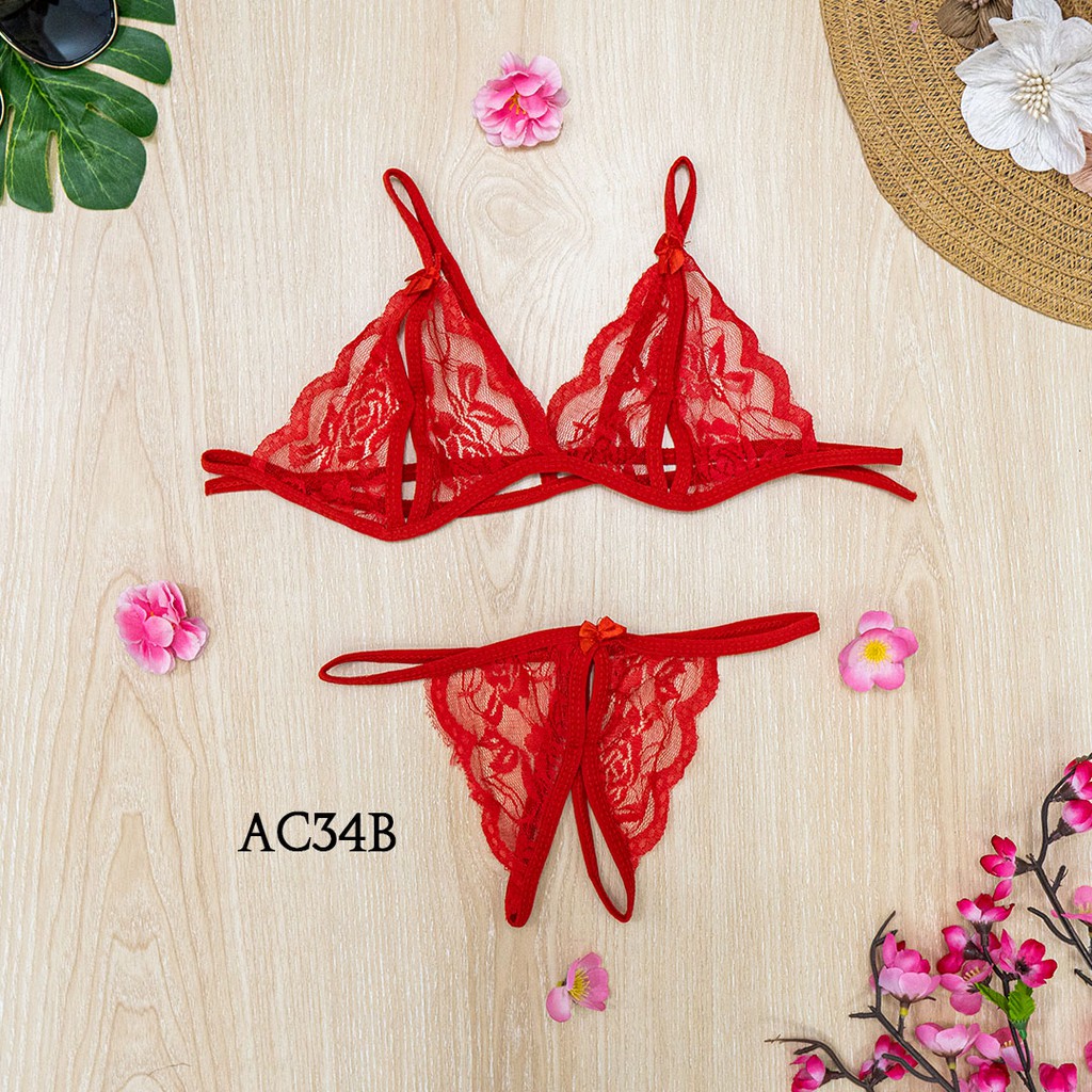 [STOCK TERBATAS] UNDERWEAR WANITA G STRING BRA + STOCKING SEXY LACE MERAH AC34B