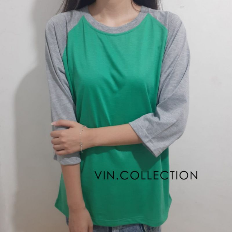 kaos polos raglan 3/4 pria wanita - hijau tosca kombinasi misty