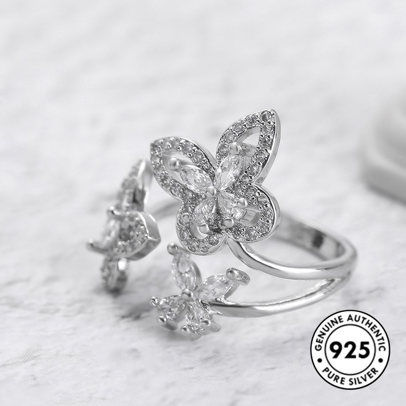 Cincin Desain Kupu-Kupu Aksen Berlian Bahan S925 Sterling Silver