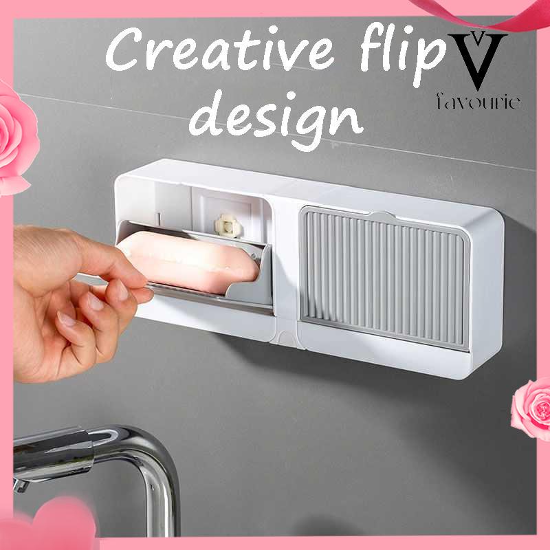 [COD]Tempat sabun menguras kompartemen ganda stiker toilet tempat sabun yang dipasang di dinding dengan tutup tanpa perforasi-FA