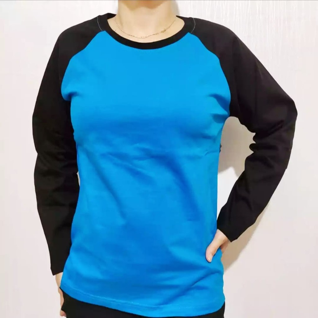 Kaos polos raglan biru turkis lengan hitam panjang M  L XL XXL