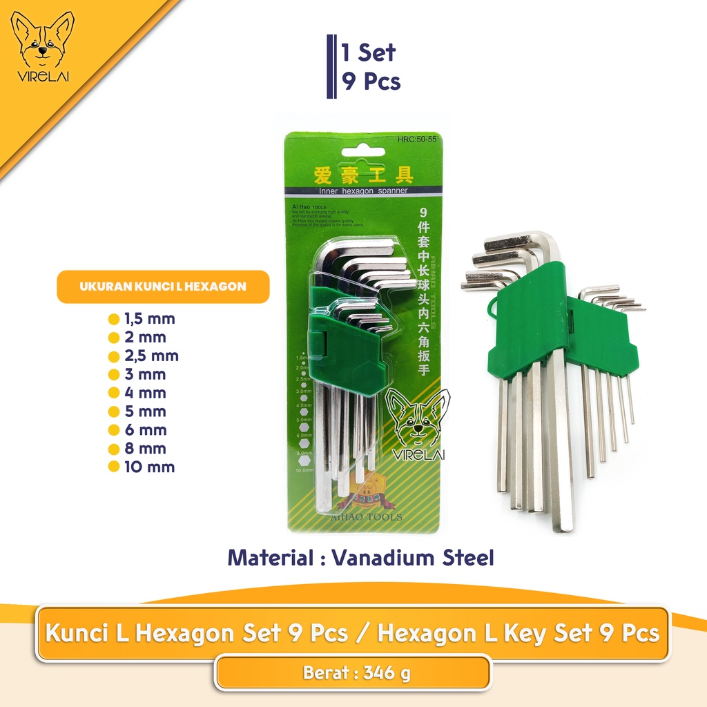 Kunci L Hexagon / Ball-Point Set 9 Pcs / Hexagon / Ball-Point L Key Set 9 Pcs [AIHAO]