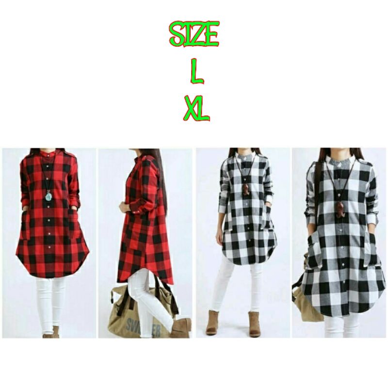 2 UKURAN L XL KEMEJA WANITA TUNIK MUSLIM KEMEJA KOTAK KOTAK TUNIK PANJANG CASUAL HARIAN LONGHEM SQUA