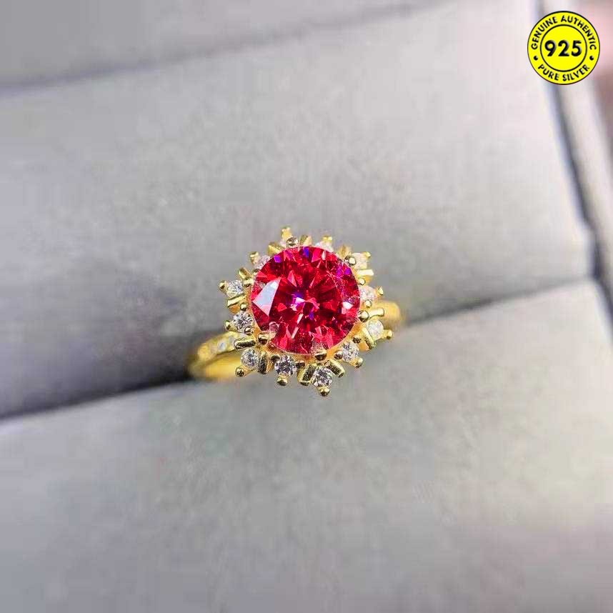 Cincin Emas Korundum Merah 5 Karat Desain Snowflake Hias Berlian Imitasi Untuk Wanita