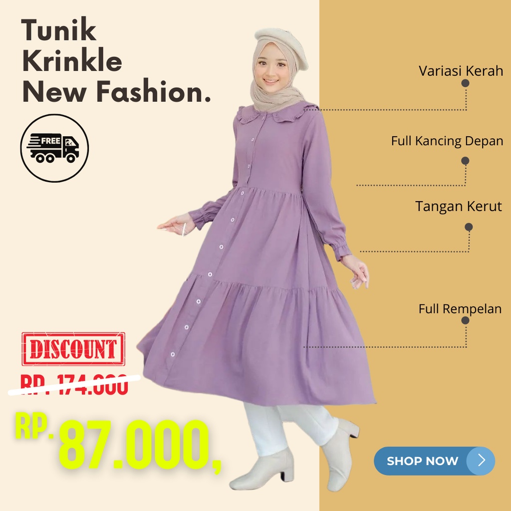 Tunik Rempel Polos Wanita Remaja Dewasa Busui Terbaru Bahan Crinkle Premium Murah Kekinian Warna Cre