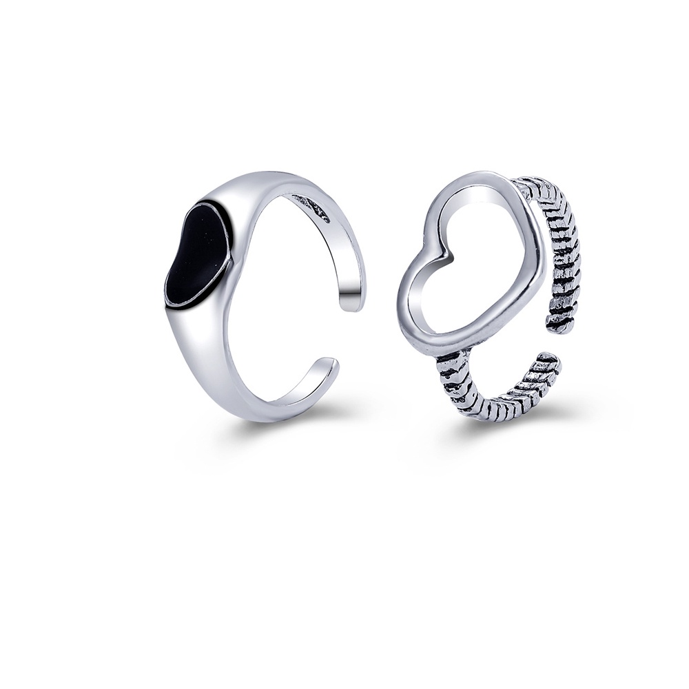 2pcs / Set Cincin Model Terbuka Lapis Silver Desain Hati Enamel Hitam Gaya Vintage Handmade Adjustable Untuk Wanita