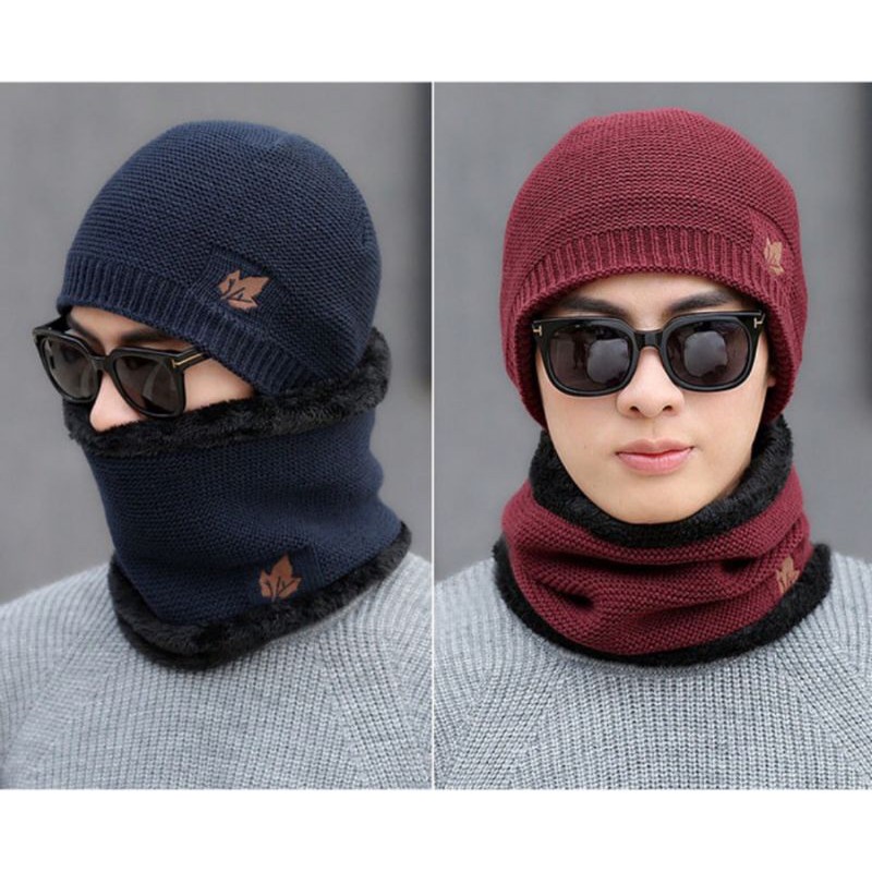 Set Topi Kupluk Tebal Lapis Bulu Winter Beanie Hat Kupluk DAUN - Hitam