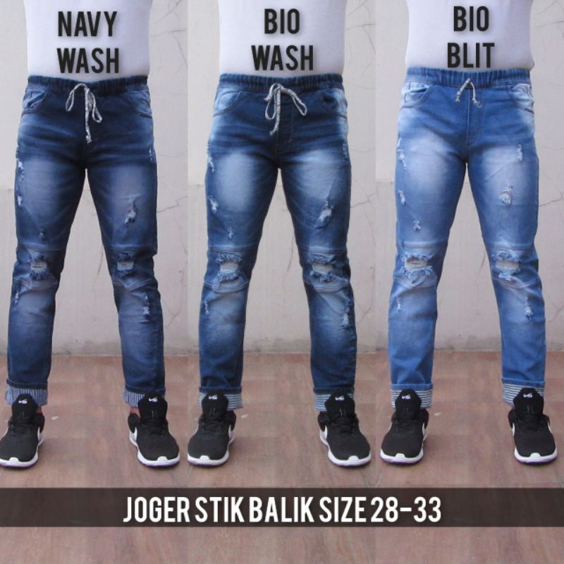 Celana Jogger Joger Jeans Panjang Pria Sobek Pinggang Karet Slimfit Cowok