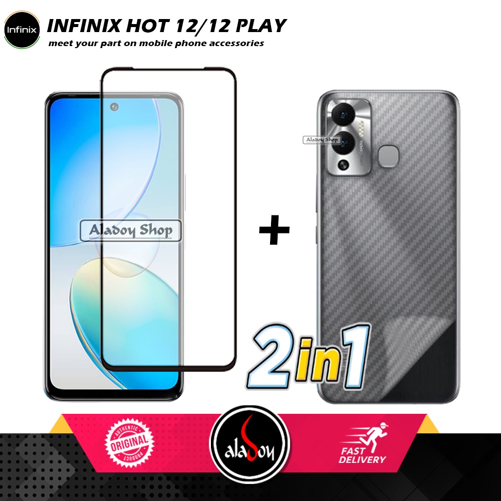 PAKET 2 IN 1 Tempered Glass Layar Infinix Hot 12 / Hot 12 Play 2022 Free Skin Carbon 3D Film