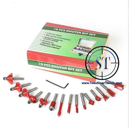 Router Bit Set 15 Pcs - Mata Profil Shank 8mm - Mata Trimmer Kayu Tools Komplit Wood Cutters Carbide + Box