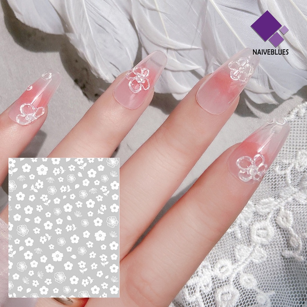 Naiveblue Stiker Kuku 2D Ultra Tipis Motif Bunga Putih Untuk Nail Art / Manicure