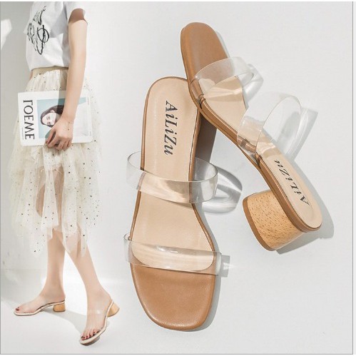 Sepatu import wanita/ sepatu import sepatu double straps transparant high heels tapak tahu 3 cm