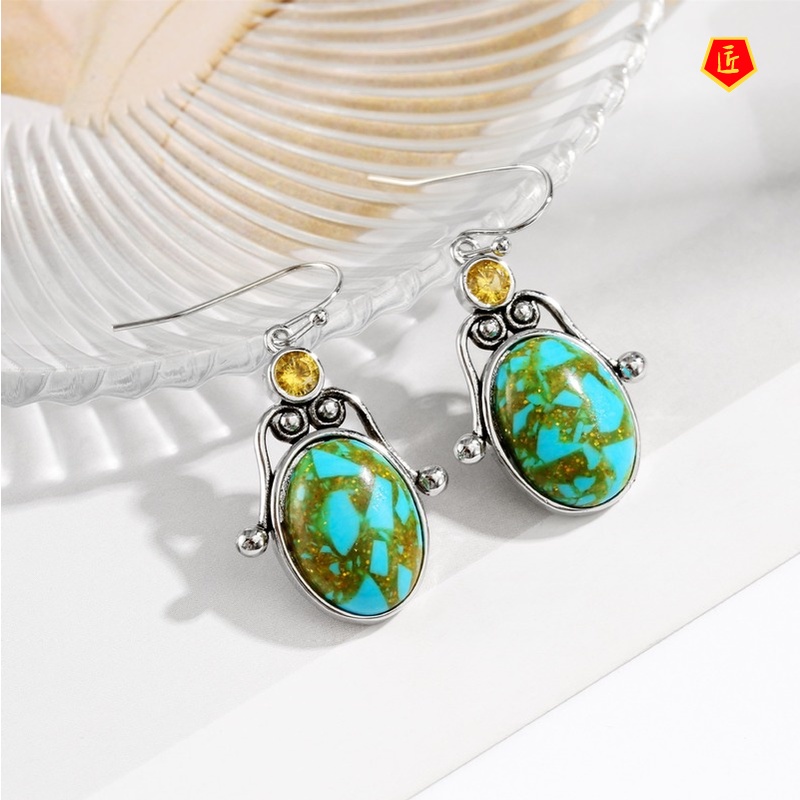 [Ready Stock]Inlaid Yellow Diamond Oval Turquoise Earrings Elegant Graceful