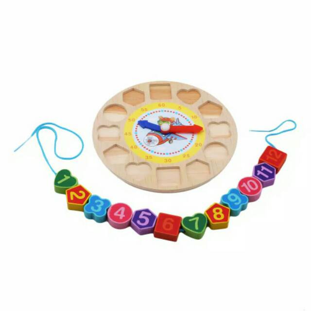 Mainan Jam Kayu Digital Clock Beads Jam Ronce Geometri Wooden Toys Clock Puzzle Mainan Edukasi Anak