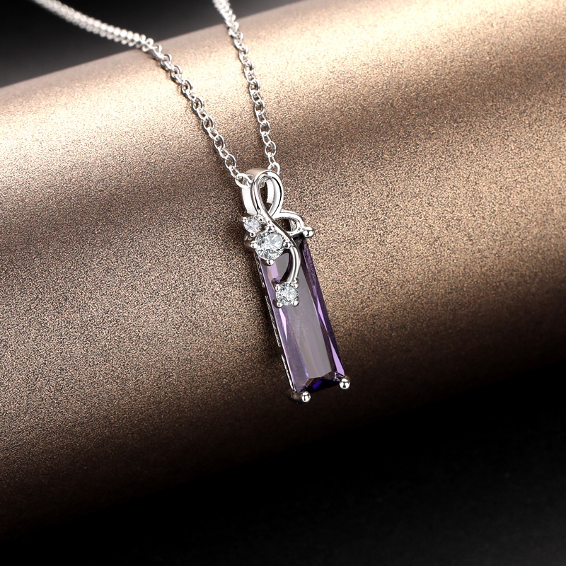 [Ready Stock]Fashion Plated S925 Sterling Silver Rectangle Amethyst Diamond-Studded Necklace