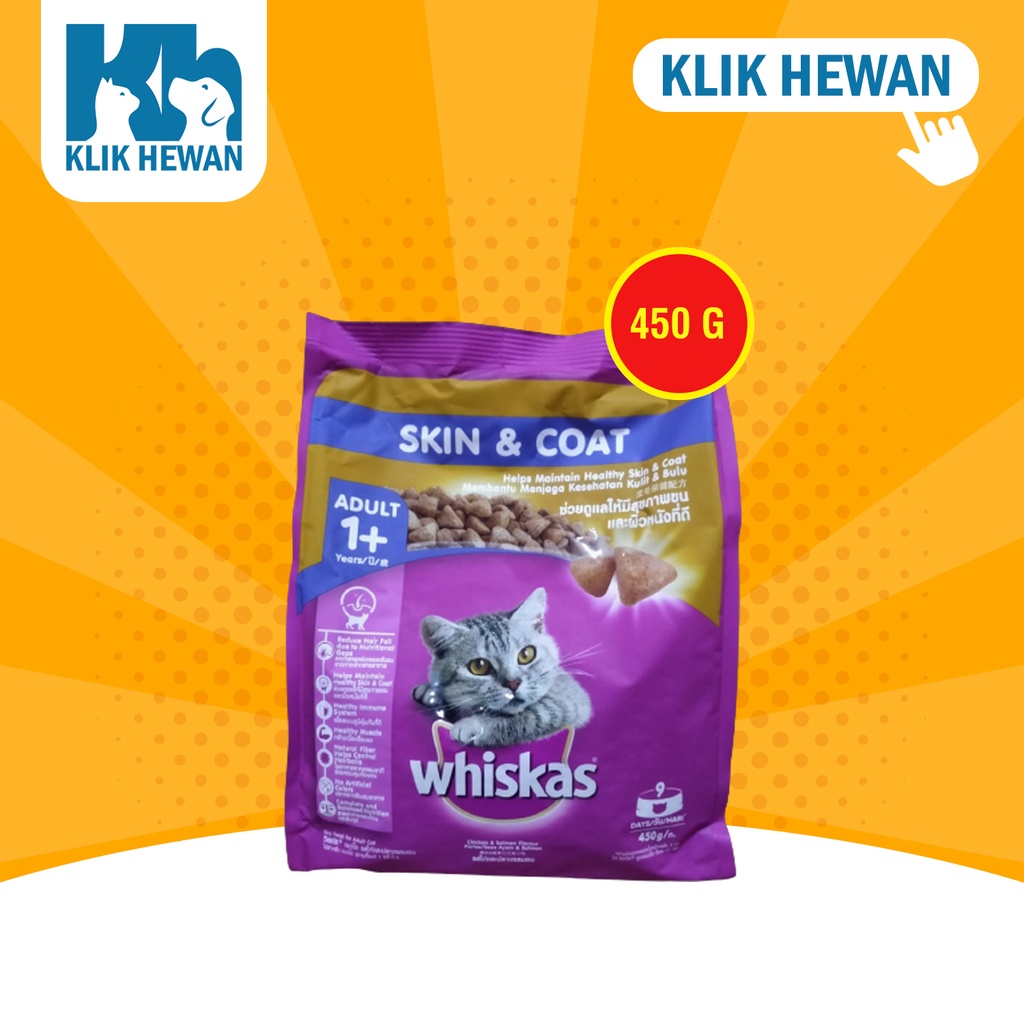 Whiskas Makanan Kucing Kering Dry Food Adult Skin Coa kulit Bulu 450G