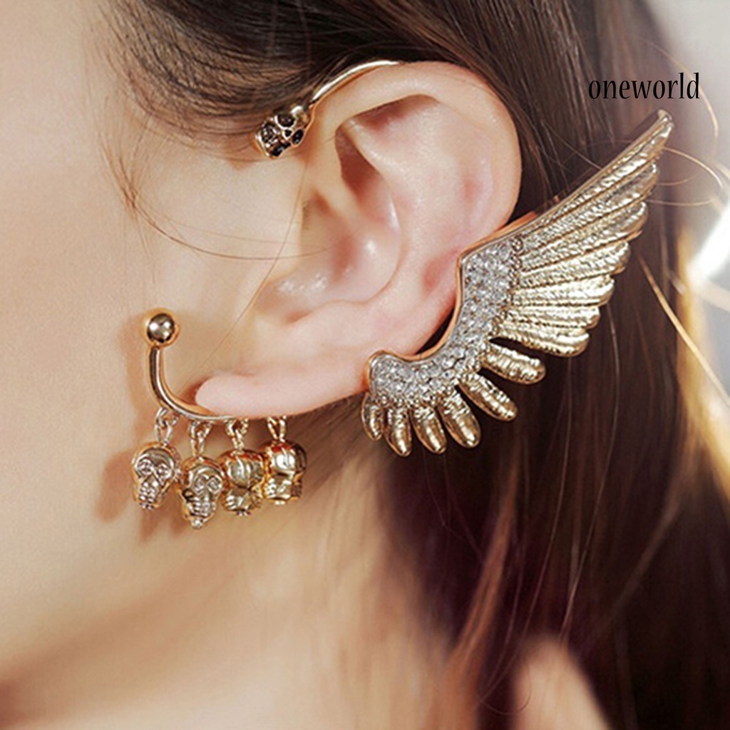 OW@ Women Rhinestone Wing Skull Shape Ear Clip Cuff Non-Pierced Earring for Left Ear