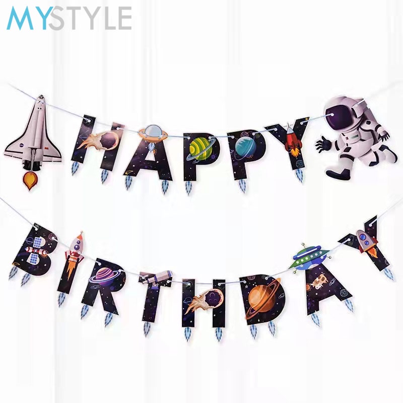 HAPPY TIME BANNER TEMA SPACE ASTRONAUT GALAXY DEKORASI ULANG TAHUN TULISAN HAPPY BIRTHDAY BANNER MURAH HBD