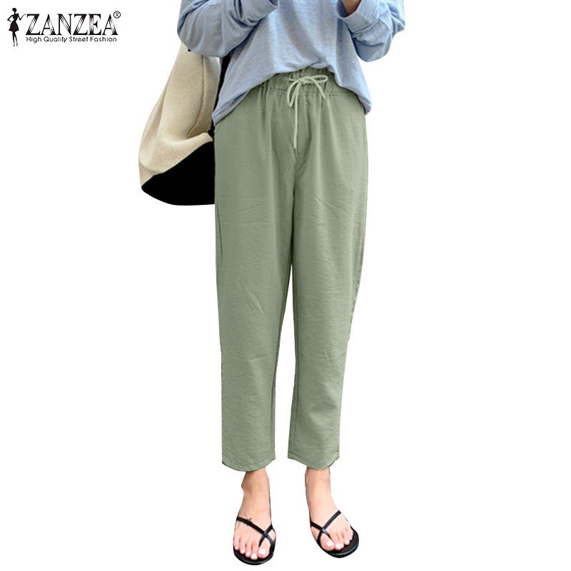 ZANZEA Women Casual Elastic Waist Drawstring Solid Color Loose Long Pants