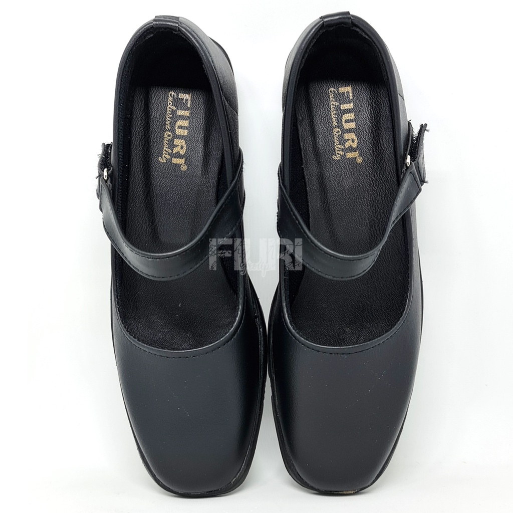 FIURI - Sepatu Pantofel Wanita Hitam Tali Perekat 36-42 Bonus Hitam Polos Hak 3cm - Sepatu Sekolah Perawat Suster Bidan Paskib Hak Tahu 3 cm Upacara Paskibra - Sepatu Formal Perempuan SD SMP SMA Pelatihan Ospek Kerja Kantor Resmi Kulit Murah Promo Diskon