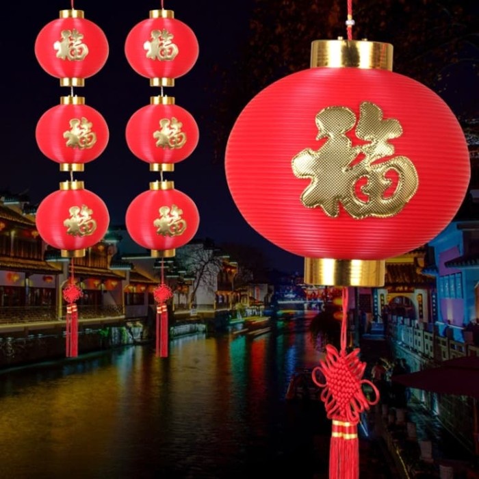 Lampion Merah Fu Hoki Dekor Imlek Lampion Merah Outdoor Ornamen-SATUAN Harga Grosir Termurah