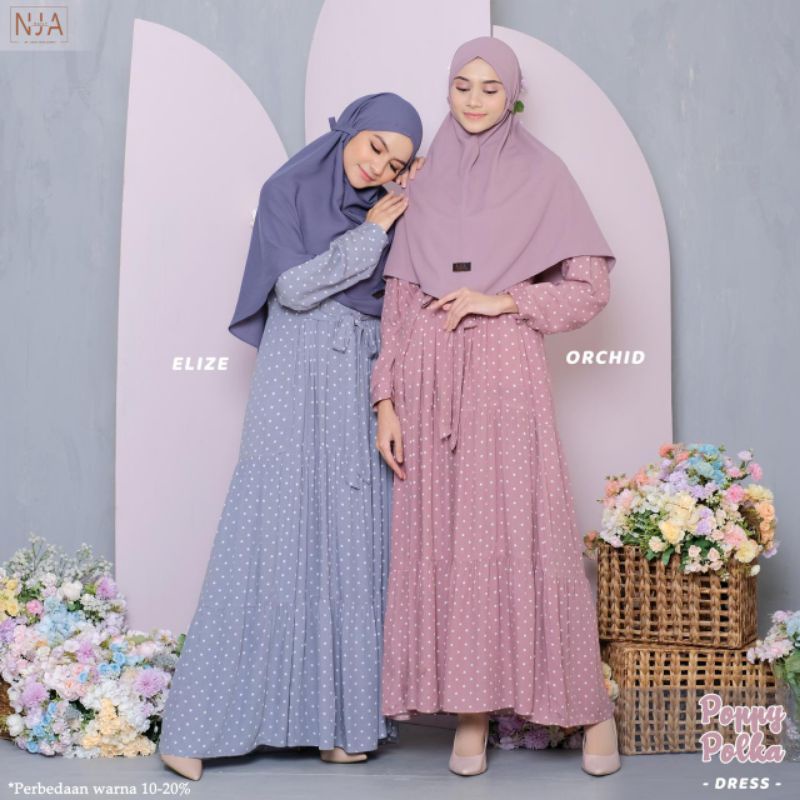 Poppy polka by NJA || Gamis rayon plat polkadot busui friendly gamis model kekinian simple