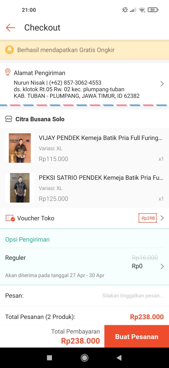 Peksi Satrio Pendek Kemeja Batik Pria Full Furing Bahan Katun Halus Primisima