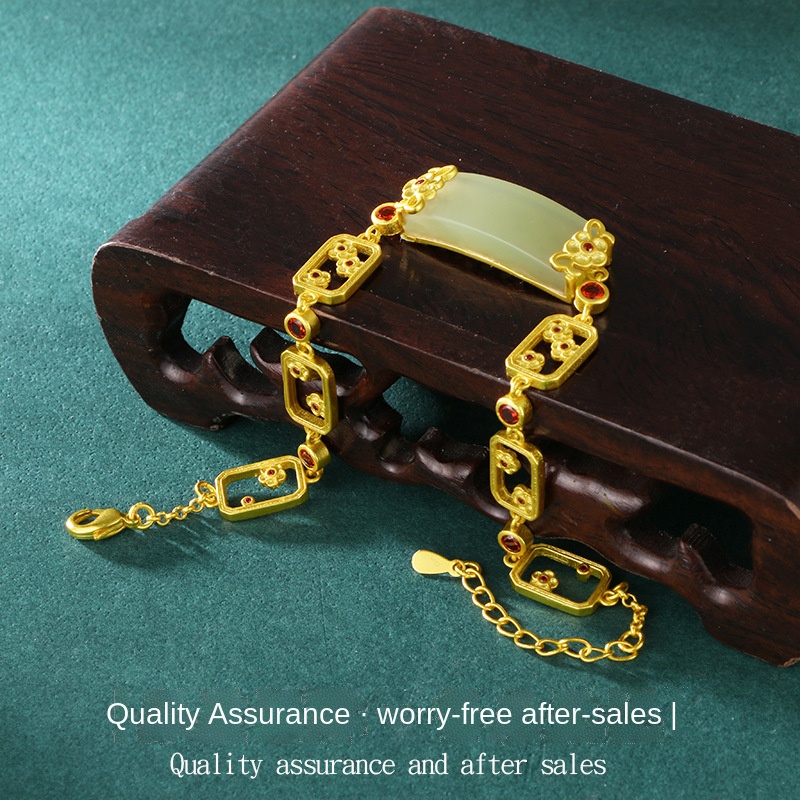 Gelang Giok Hetian Bentuk Persegi Lapis Emas Emas Asli Kadar 375Gaya Korea Untuk Wanita