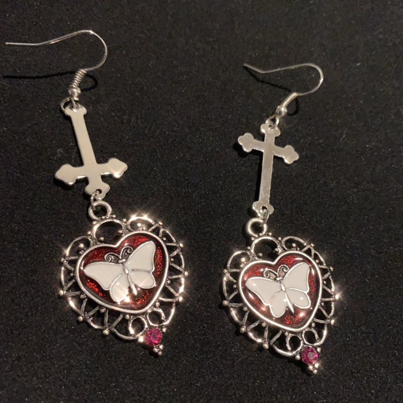 Cross Butterfly Gemstone Earrings Dark Retro Hip Hop