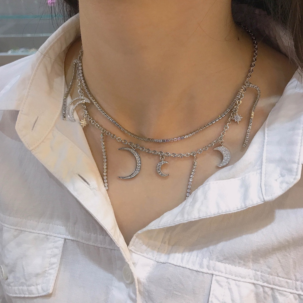 Kalung Chocker Model Lapis Ganda Bahan Stainless Desain Matahari Bulan Bintang Laut